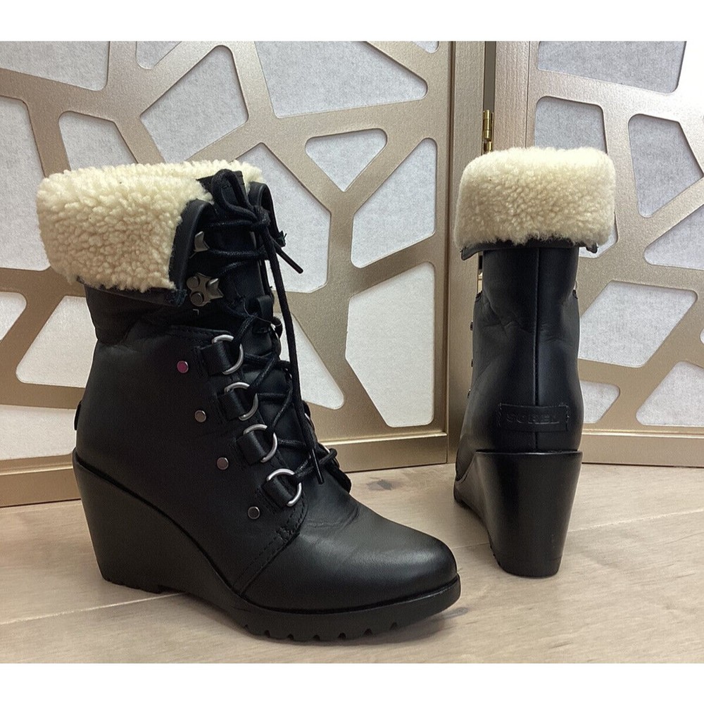 Sorel Women After Hours Lace Up Shearling Black Leather Wedge Boots fur collar 7 - Picture 4 of 11